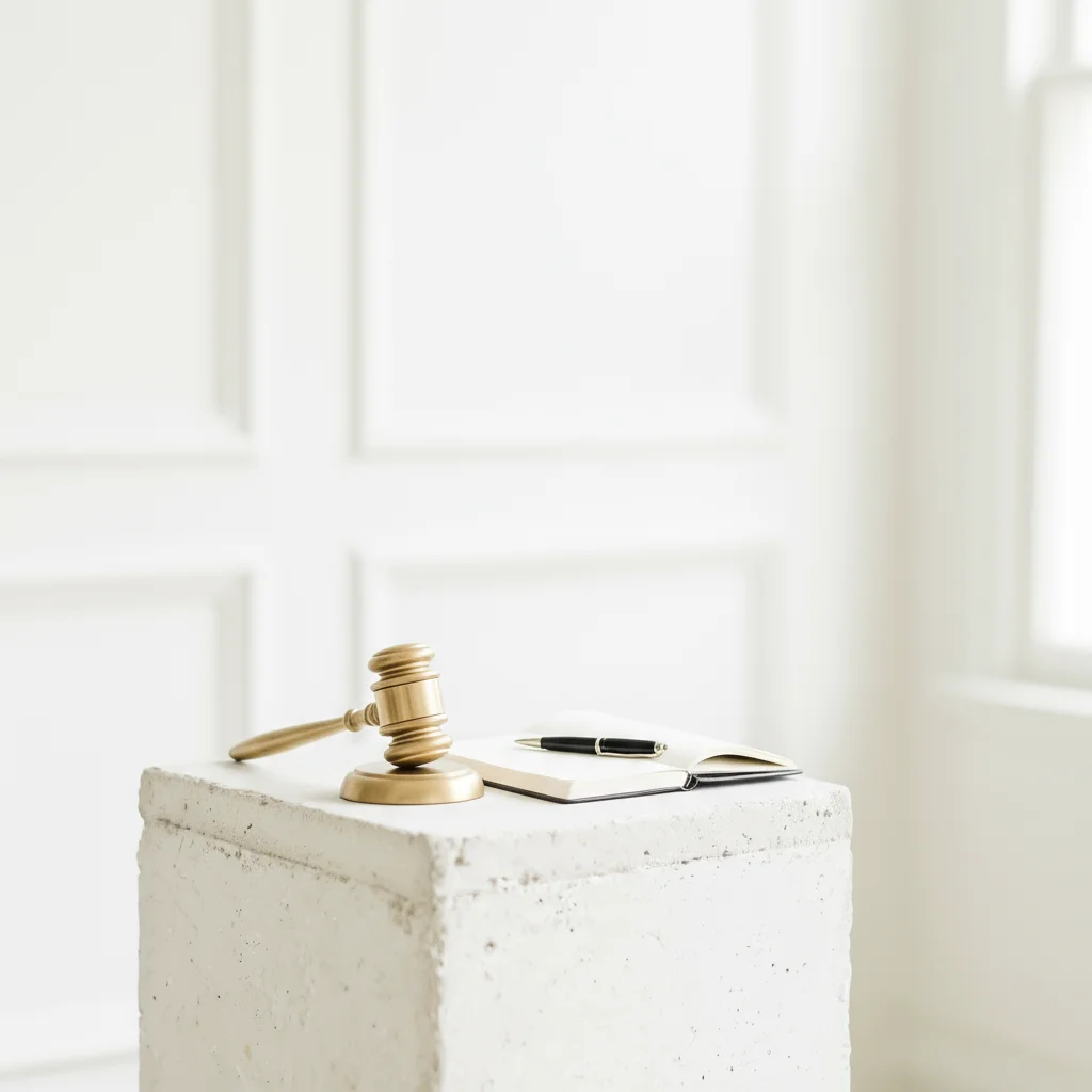 Na tle białej ściany stoi betonowy stolik, a na nim młotek sędziego oraz notes i długopis.